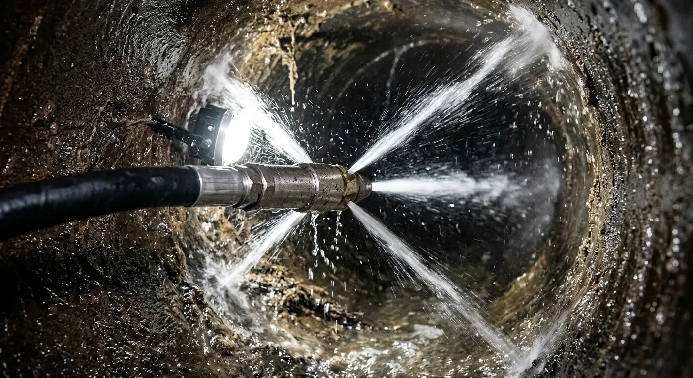 High-pressure hydro jetting nozzle cleaning sewer pipe for Trenchless Sewer Repair in Richmond