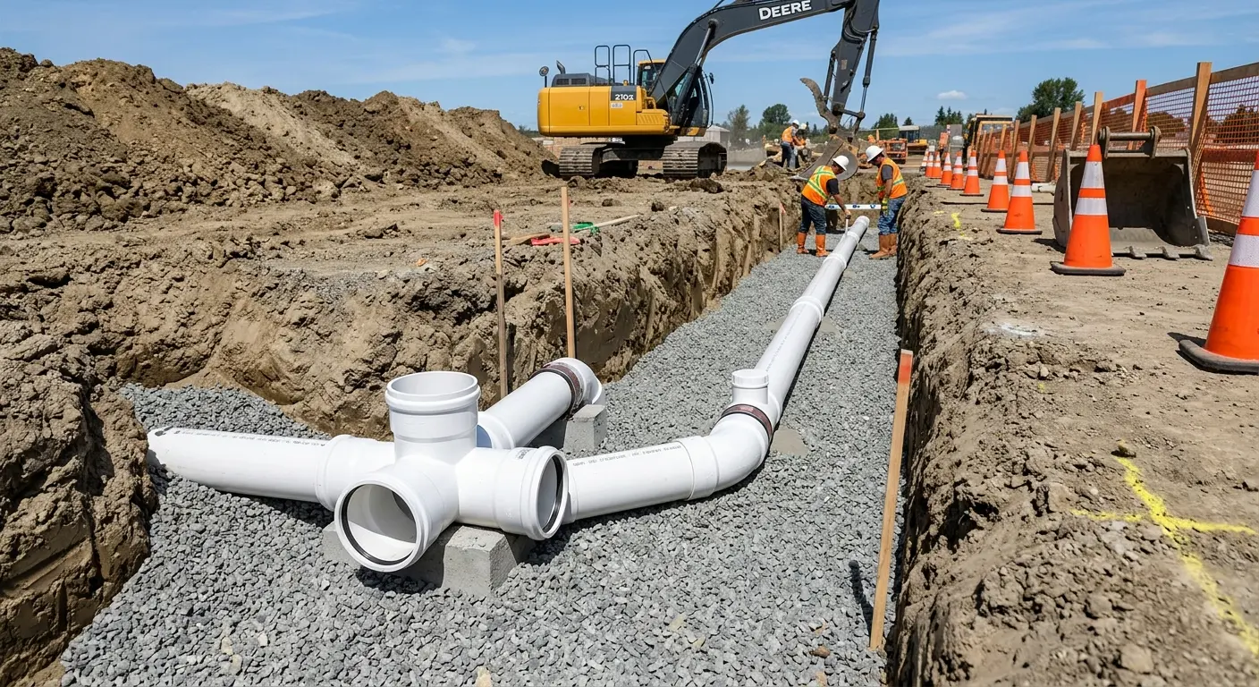 New PVC sewer pipe installation in open trench for Sewer Backup in Richmond